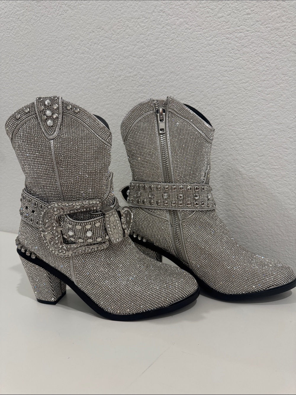 Dolls Kill Silver Rhinestone Western Ankle Boots